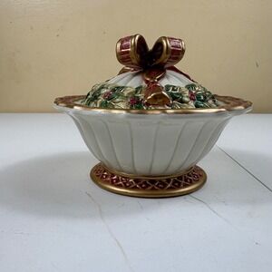 Fitz‎ & Floyd Christmas Holly Berry Sugar Bowl w Lid Gold Trim Holiday Decor